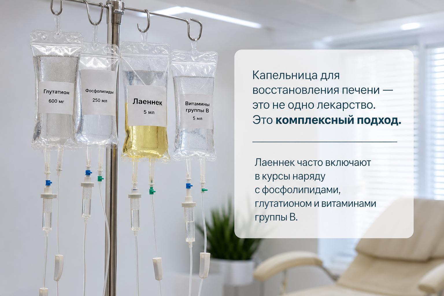 16:9 Капельница для восстановления печени — это не одно лекарство. Это комплексный подход. Лаеннек часто включают в курсы наряду с фосфолипидами, глутатионом и витаминами группы B.фото