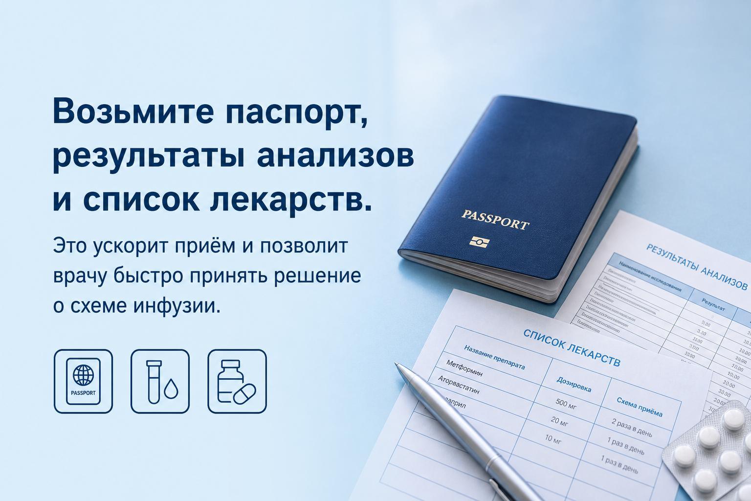 16:9 Возьмите паспорт, результаты анализов и список лекарств. Это ускорит приём и позволит врачу быстро принять решение о схеме инфузии.фото