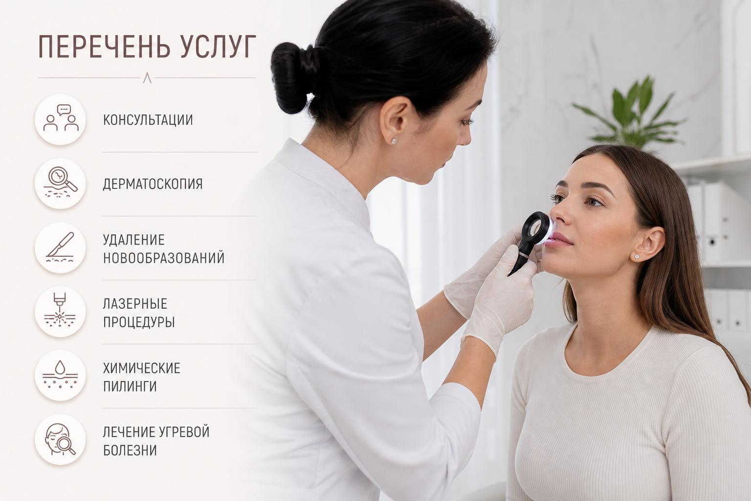 16:9 В перечень услуг обычно входят консультации, дерматоскопия, удаление новообразований, лазерные процедуры, химические пилинги и лечение угревой болезни.фото